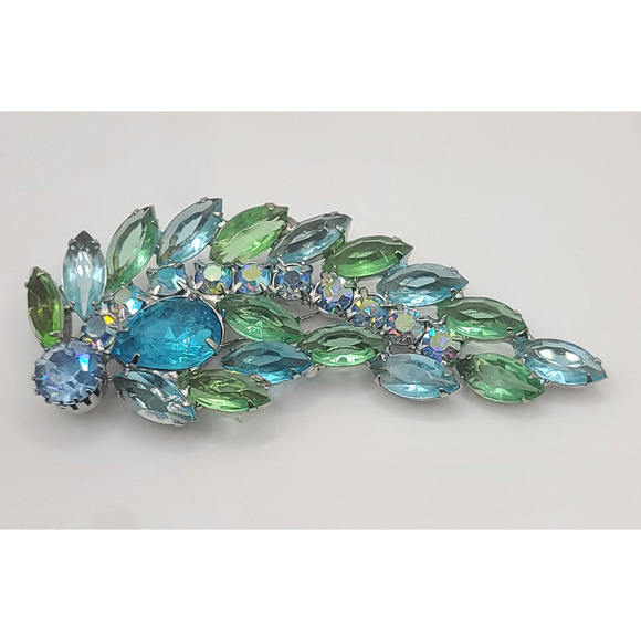 Vintage Rhinestone Brooch Blue Green Aqua AMAZING - Picture 1 of 13